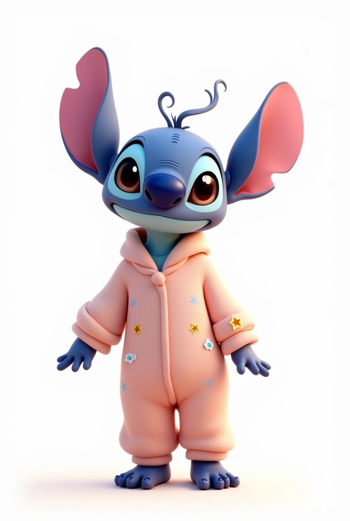 stitch rosa, with long antenna, in pajamas, white background, Disney pixar style image