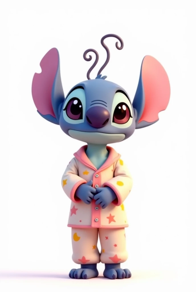 stitch rosa, with long antenna, in pajamas, white background, Disney pixar style image