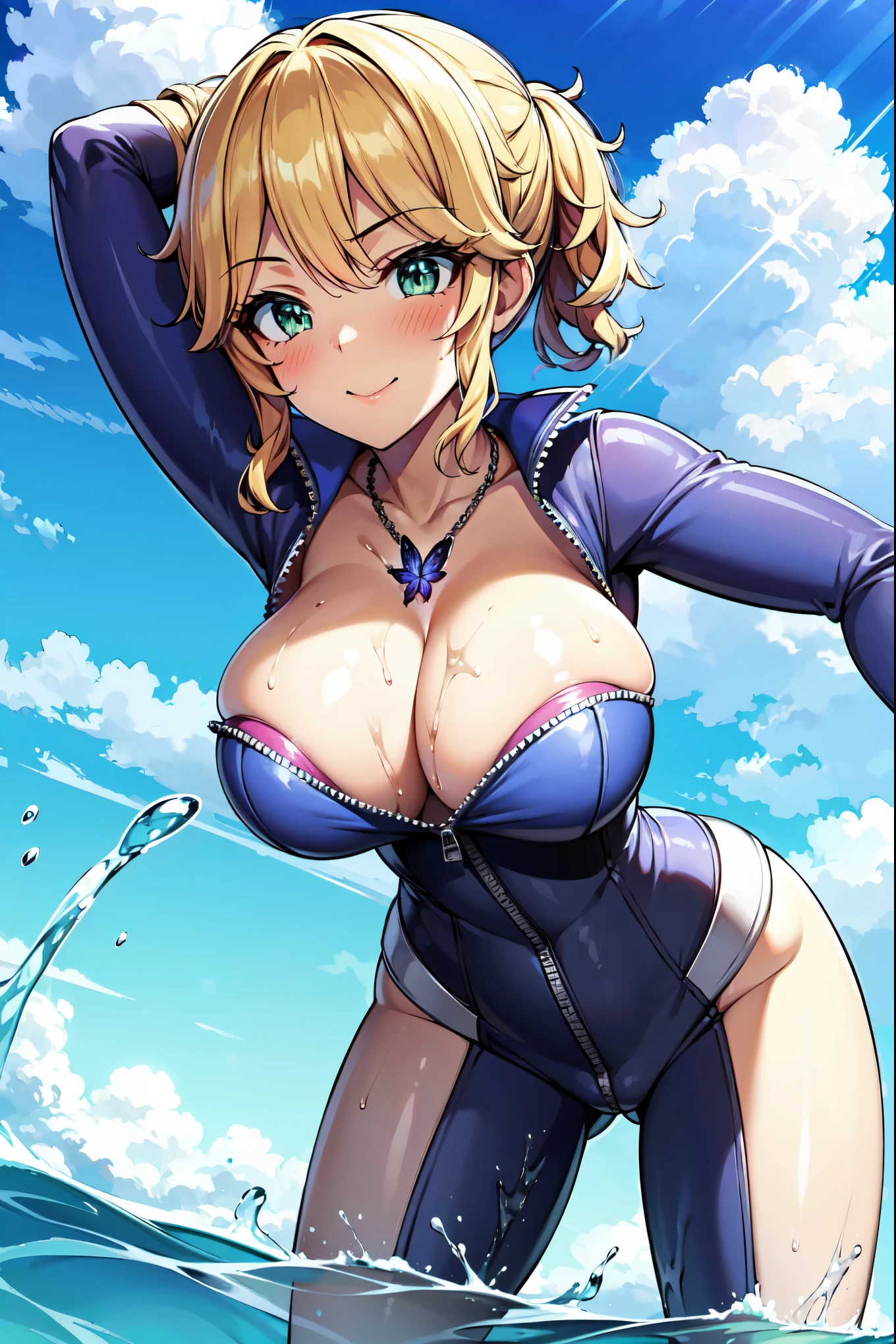 ((super high quality,Ultra-high resolution,16K,super masterpiece,Ultra HD,Ultra high definition,))One Girl,A bright and shiny pink wetsuit,Zipper opening from neck to crotch,Open chest,Tight collar,popped collar,Butterfly shaped light blue necklace,Looking at this,be happy,blush,Place your right hand on your hip,Place your left hand on your head,Leaning forward greatly,,Spread your legs,Sweaty all over,Top-down angle,a blue sky with clouds and sun,A lot of water splashing from below,