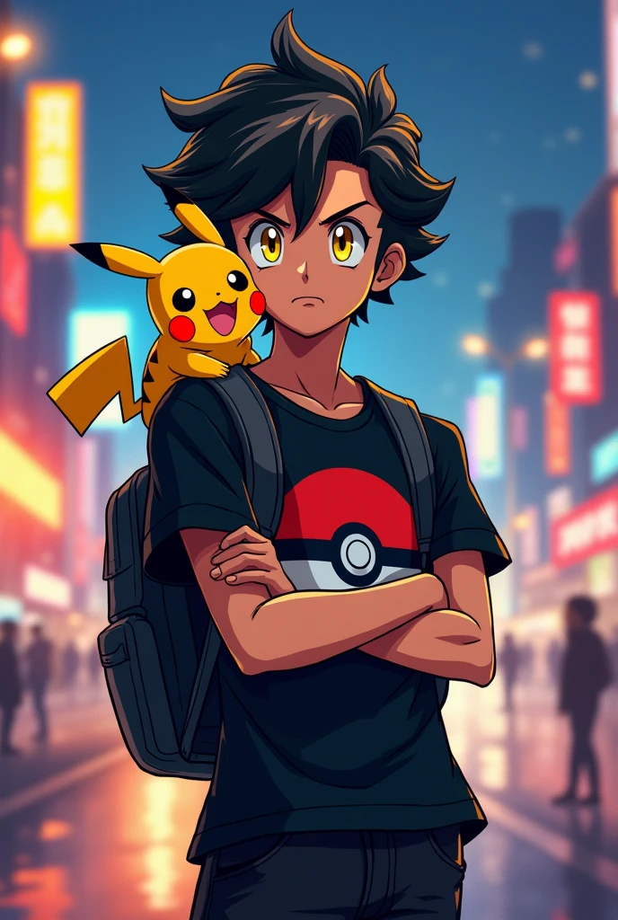a 15 year old young man, tanned skinned brunette appears with slightly messy short wavy black hair, falling on his forehead. your eyes are bright yellow intimidating, Wearing a black t-shirt printed with an ultra ball, wears a black hat on one side and black jeans, he carries a backpack, always with crossed arms, while his focused gaze reveals the agile mind of someone always ready to learn more, and on his shoulder sits his loyal friend pikachu. (アニメ)