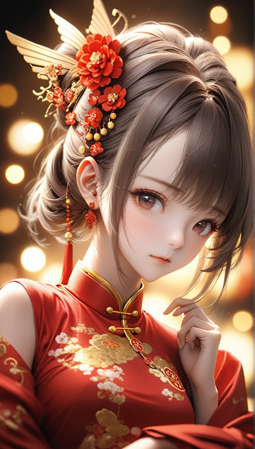最high quality, masterpiece, High resolution, One person,China dress,hair ornaments,necklace, jewelry,Beautiful Face,On top of that_body, Tyndall effect,Realistic, Dark studio, Rim Light, Two-tone lighting,(Skin with attention to detail:1.2), 8k uhd, Digital SLR, Soft lighting, high quality, Volumetric lighting, Frank, photograph, High resolution, 4K, 8k, Bokeh