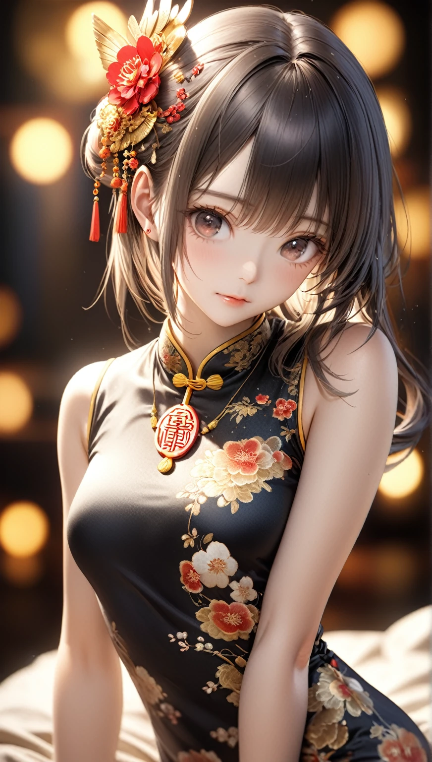 最high quality, masterpiece, High resolution, One person,China dress,hair ornaments,necklace, jewelry,Beautiful Face,On top of that_body, Tyndall effect,Realistic, Dark studio, Rim Light, Two-tone lighting,(Skin with attention to detail:1.2), 8k uhd, Digital SLR, Soft lighting, high quality, Volumetric lighting, Frank, photograph, High resolution, 4K, 8k, Bokeh