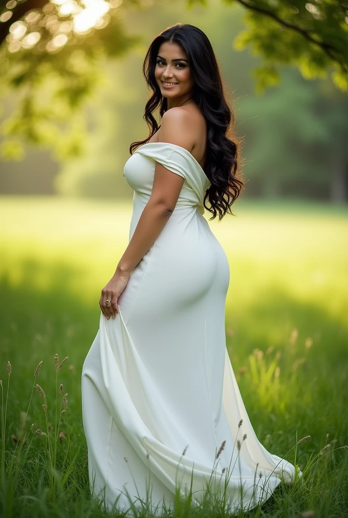 Bbw iraqi,white long dress, (facing the camera)(big booty) (fat hip) ( a quarter left side view angle) (face here) Plus size bbw big boobs,grass