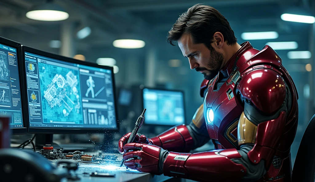 Scene 5: Building the Armor
Tony Stark in his lab, building a new suit. The scene focuses on his intense concentration and the intricate technology. The lyrics “Left no crumbs, no secrets inside” echo as he perfects the