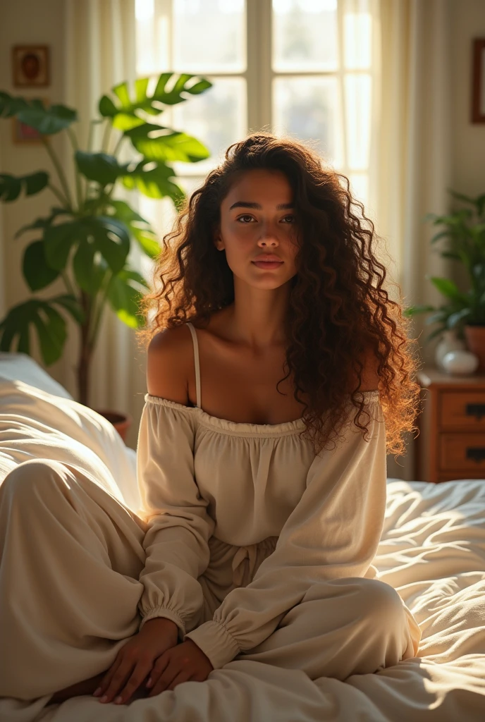 (photorealism:1.2), beautiful white teenage girl, sitting on bed, wearing loose off-shoulder top, pajama pants, long curly hair, indoors, soft lighting, plants in background, window with sunlight, cozy room, relaxed pose, realistic, intricate details, warm colors, white girl