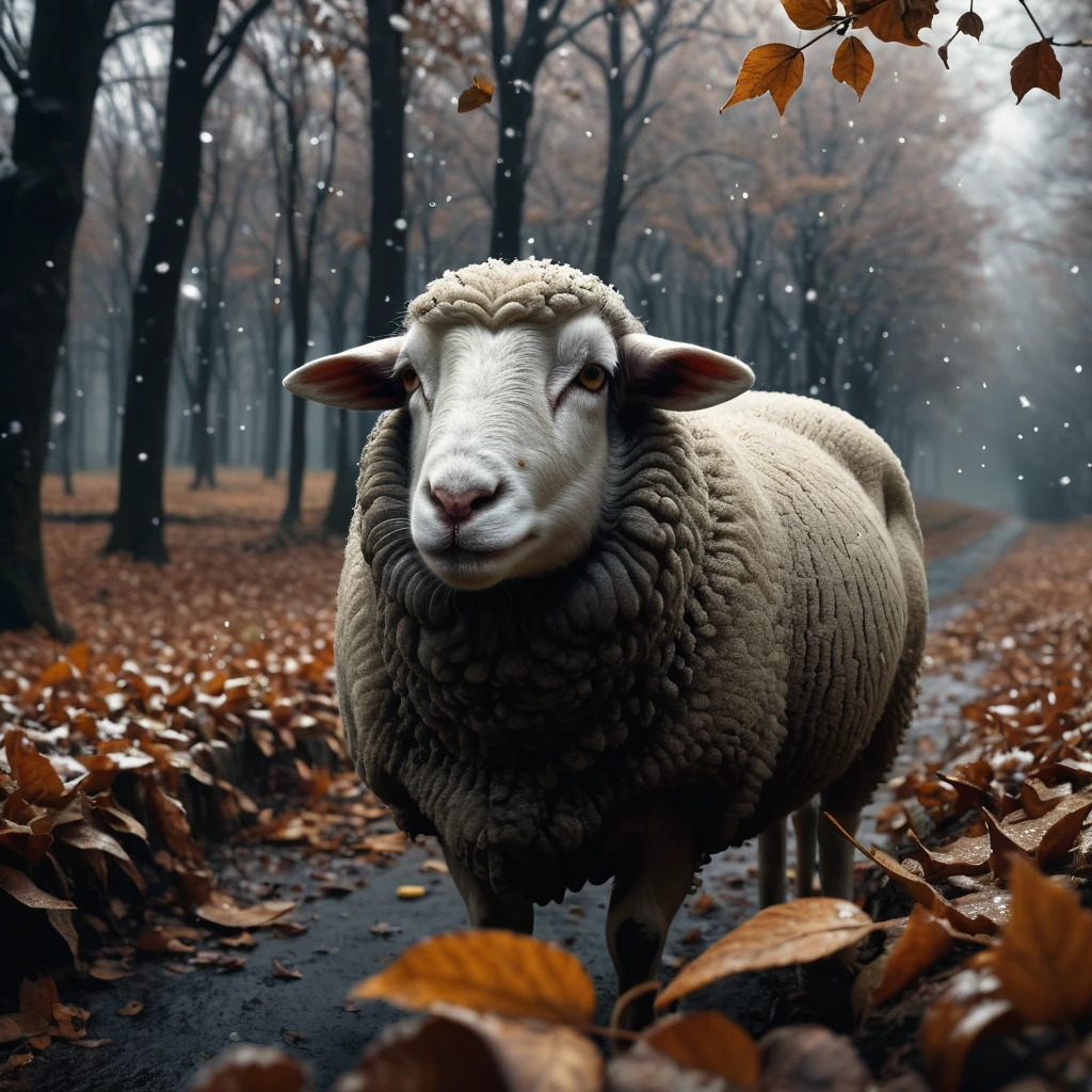 Sheep, First snow, Flakes, partial snow cover, Cinematic film still, breathtaking, falling leaves, melancholy mood, paper texture, Nature's whispered farewell in gusts of wind, photorealism, filmic grain, film still, Bokeh, intrinsically detailed, , perfect composition, beautiful, detailed, intricate, intricate octane render trend in artstation, 8K artistic photography, photorealistic concept art, smooth natural volumetric cinematic perfect light, Chiaroscuro, Award-winning photography, master piece, oil on canvas , Raphael, Caravaggio, Greg Rutkowski, Beeper, Beksinski, Giger
