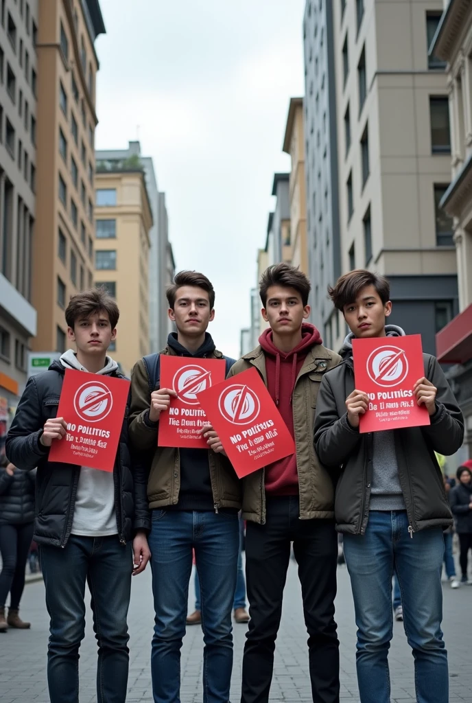 Make a photo
Some young Students (Boys) standing with some leaflet “ No Plitics in JKKNIU ”
Background should be 10 floors buildings both side