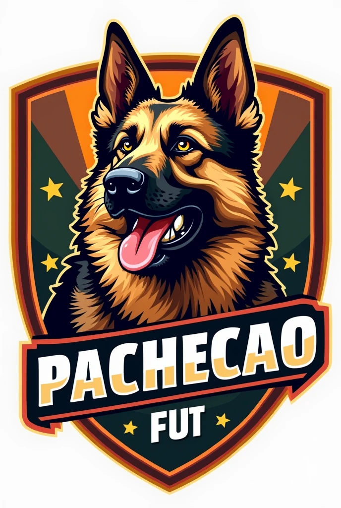 Football team shield with a drawing of a German Shepherd written: pachecao fut