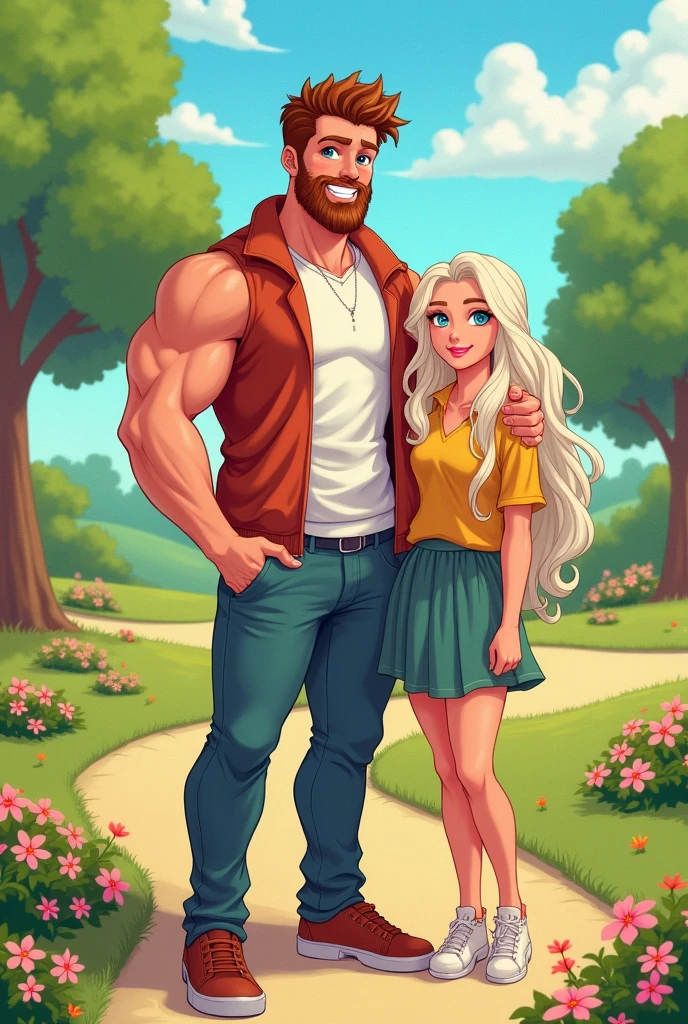 Young tall muscular man short curly dark auburn hair, light beard necklace and blue green eyes with girl her age tall long wavy platinum blonde hair blue eyes and dimple drawing version