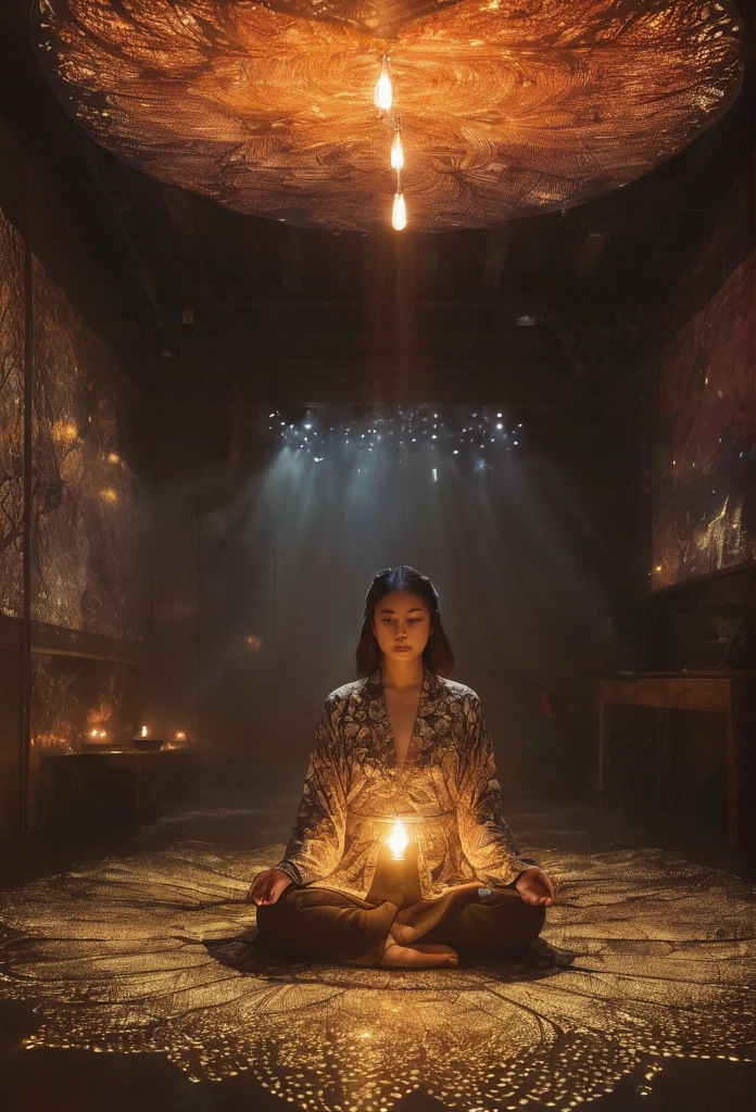 Full body photo of a girl in lotus position,born, Cinematic shots, (Sharp focus:1.5), (Realistic:1.4), dusk lighting, Volumetric lighting, Ultra-high resolution, 16K,Dramatic lighting, Abstract background:1.5)(Tangleた,Datura stramonium,Tangle,Intertwined:0.7)Fox Witch,kitsune mask,Haori, Foxfire spells, Fox family, conversion, Depth of written boundary, A fantastic atmosphere, The most beautiful form of chaos, Elegance, Fauvist Design Dark Theme, flowers of death, flowers of ecstasy,Glowing Lines,Glow Example,Tracking example,flash, Backlight,translucent,Particles of light、Empty is color、Different world