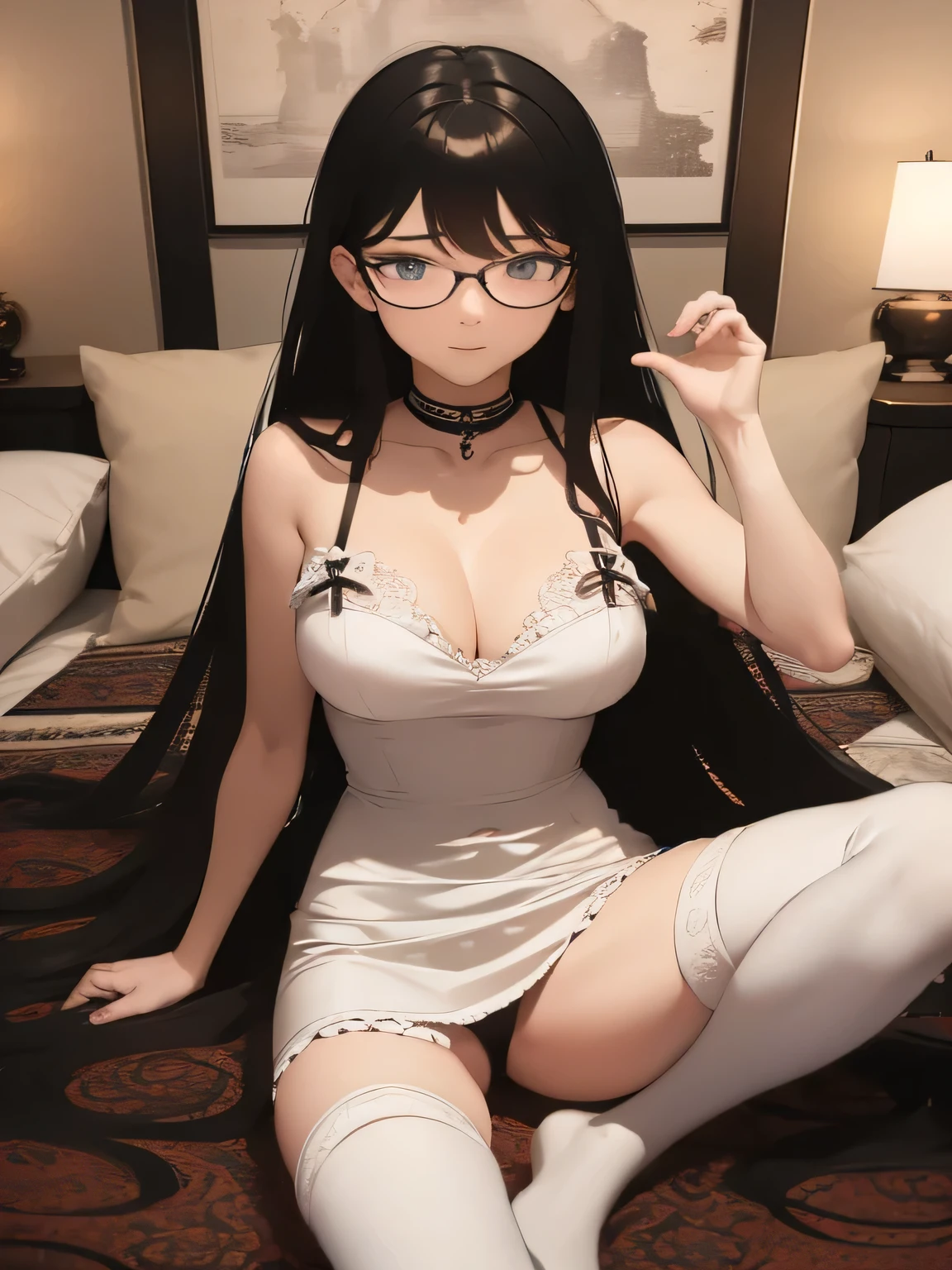 (1girl:1.3), Masterpiece, Best quality, amazing beauty, 4K, absurdres, finely detail, super detailed eye, perfect anatomy, official art, cinematic lighting, BREAK, bedroom, silky long hair, silky straight hair, black hair, glasses, BREAK , usually, slender, sitting bed in bedroom, BREAK , , BREAK,()