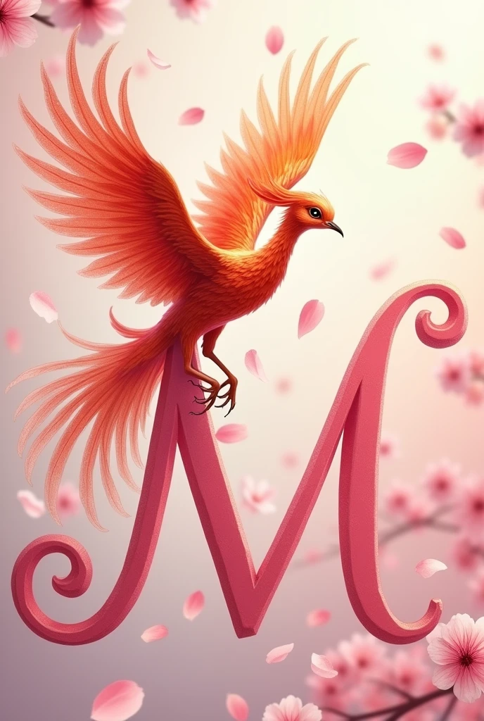 Pink cursive capital letter M with elegant details with cherry blossoms and a phoenix bird above it with open wings taking flight, raised tail and happy look