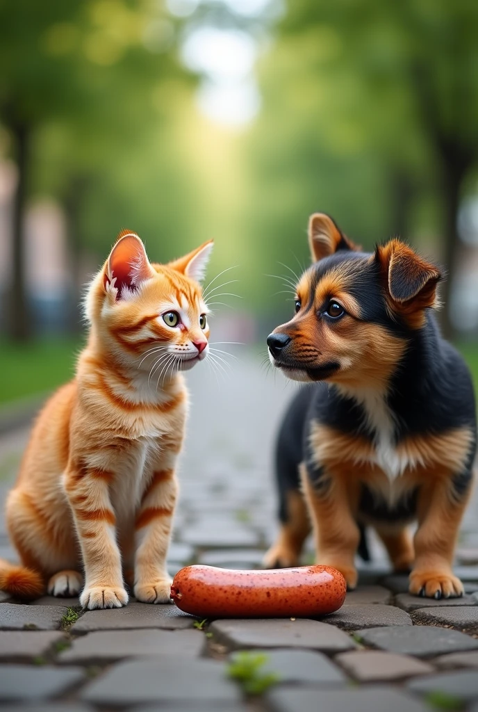 A young cat with ginger fur with white spots and green surprised eyes sits on the path, A homeless dog stands opposite the cat, The dog's fur is brown-black , The dog has a white spot on its chest and a brown and white face, The dog's fur is bristling, Between the cat and the dog on the path lies a sausage
