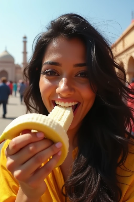 (photorealism:1.2), indian girl, wearing black bra, sitting on a donkey, eating 2 bananas, and black hair , in a street.