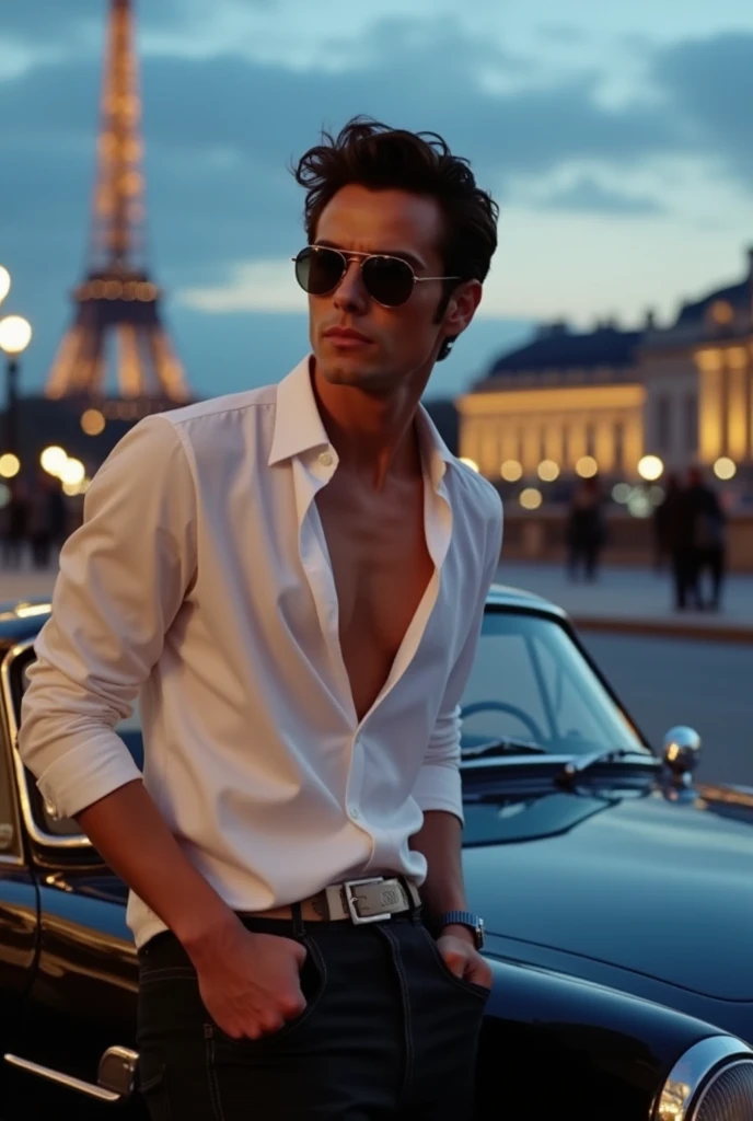 Portrait of young Gabriel Garko, dressed like a sexy outfit, with a white shirt, leaning on the hood of a car wearing aviator glasses in Paris. 