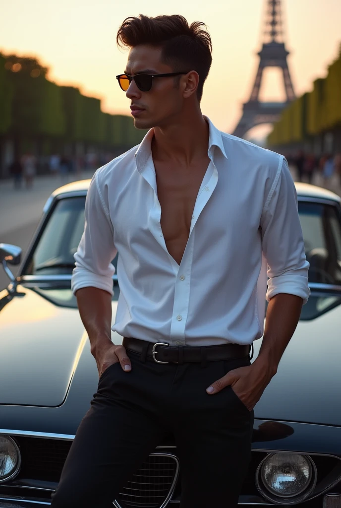 Portrait of young Gabriel Garko, dressed like a sexy outfit, with a white shirt, leaning on the hood of a car wearing aviator glasses in Paris.