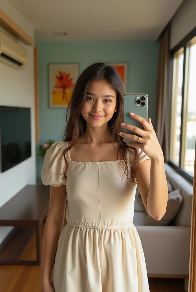 A girl wearing normal not much morden dresses mirror selfie in indian morden home where all technical material are available like tv wifi ac etc the photo should be like the image which will be shown in the mirror and not full only upper from the weist