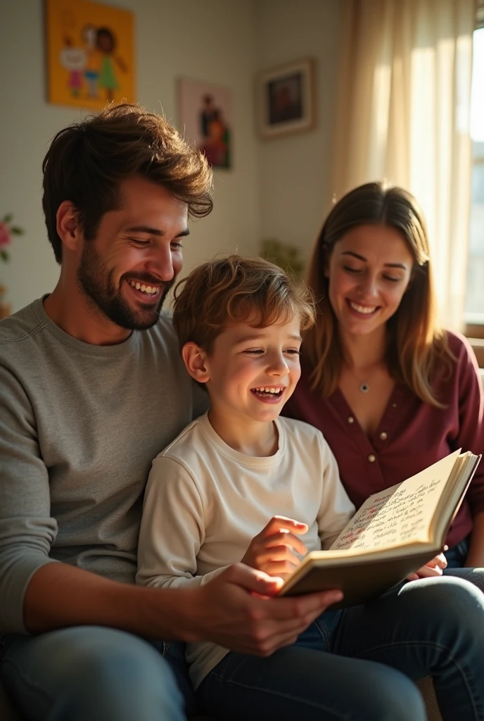 Two couple smiling at their son for writing poems