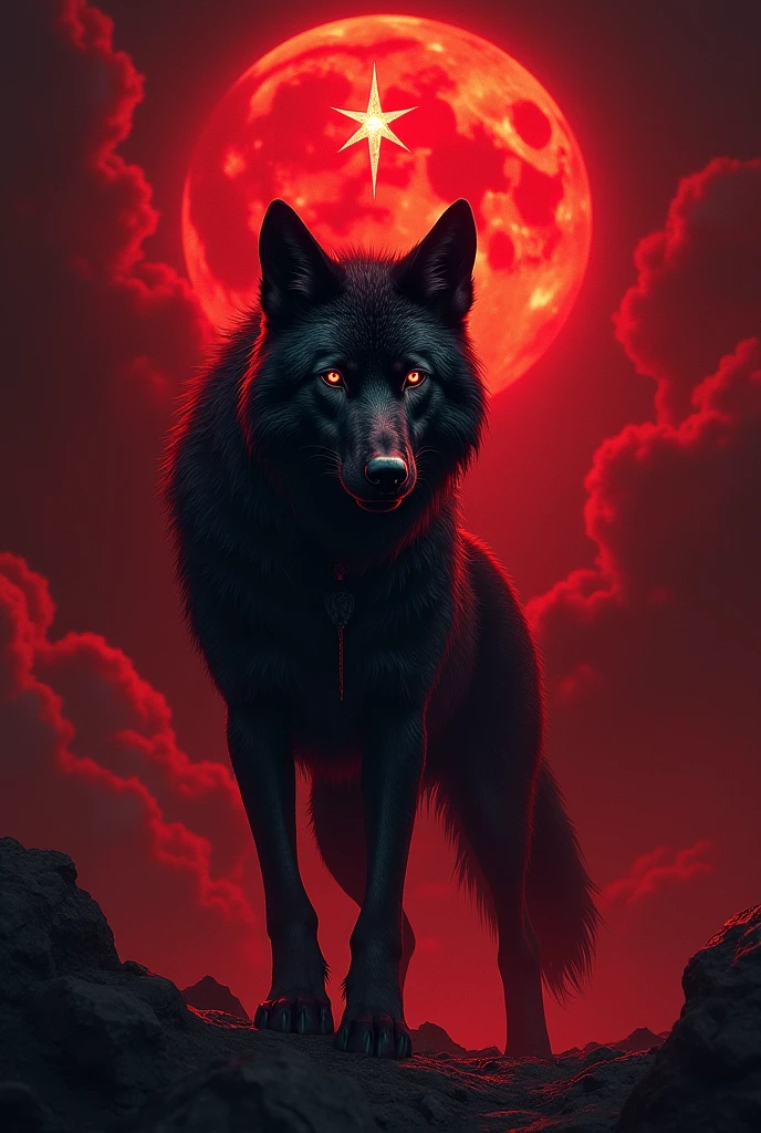 An redish black moon background, a pentagonal star and a realestic devil wolf in middle