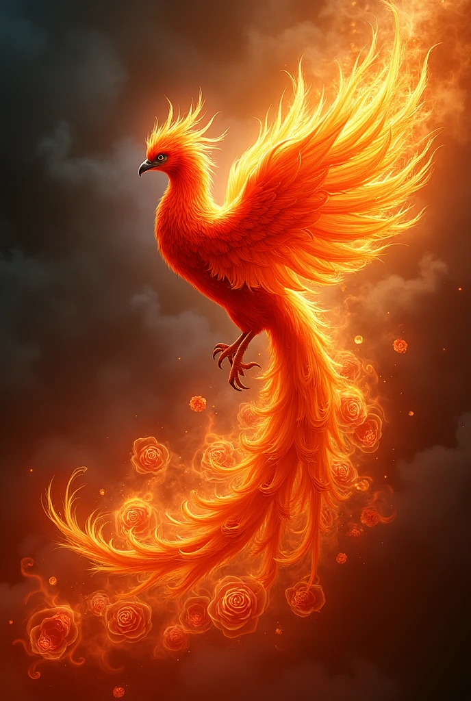 Fire phoenix with background drawn outline of roses
