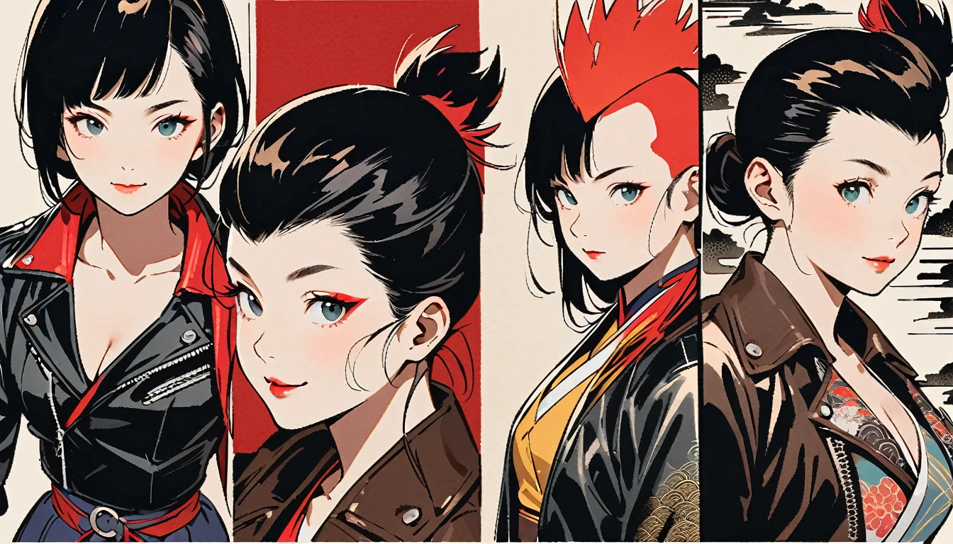 (((Ink Painting))), (((from above))), (((1 female))), (((Leather jacket with Japanese patterns))), (((Mohawk))), (((Very flashy makeup))), Japanese style headphones, devil, face close-up, front view, Japan人の美少女, Black Hair, Delicate and precise, Modern ukiyo-e style,Japan, Droopy eyes, round face, smile, Fuller lips, vivid color