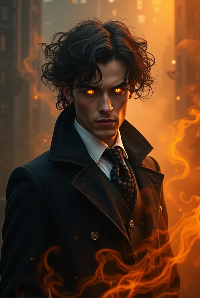 Meet Warlock Holmes, Sherlock's enigmatic distant cousin with a supernatural twist. This haunting portrait captures his piercing amber eyes, hinting at a fateful nocturnal encounter with a vampire. His wild, unkempt hair and pale complexion contrast sharply with his dapper suit, embodying the clash between his detective heritage and newfound dark powers. Surrounded by swirling, fiery mist, Warlock uses his unique abilities to unravel mysteries in the shadowy world between the living and the undead.