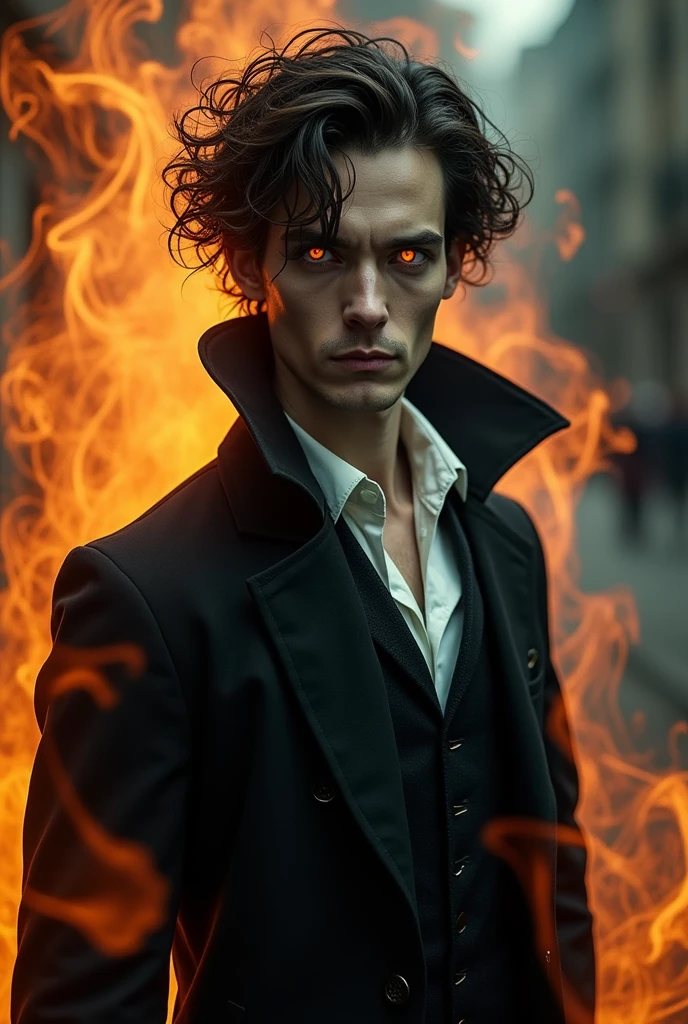 Meet Warlock Holmes, Sherlock's enigmatic distant cousin with a supernatural twist. This haunting portrait captures his piercing amber eyes, hinting at a fateful nocturnal encounter with a vampire. His wild, unkempt hair and pale complexion contrast sharply with his dapper suit, embodying the clash between his detective heritage and newfound dark powers. Surrounded by swirling, fiery mist, Warlock uses his unique abilities to unravel mysteries in the shadowy world between the living and the undead.