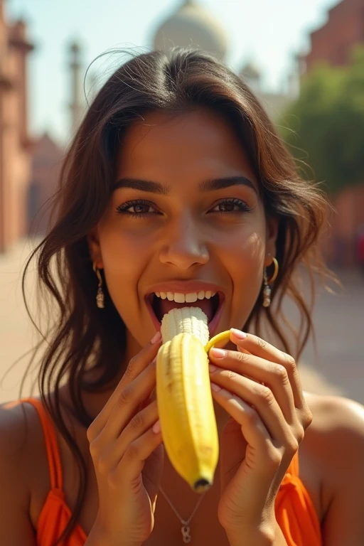 Beautiful Brazilian woman in her 30s、Looks delicious、Facing forward、With an erotic expression that seems to be seducing the man in front of her、Eating a peeled banana with his mouth wide open。photorealistic high quality images。9:16 vertical images。Background、Please recommend a famous Brazilian tourist spot.。