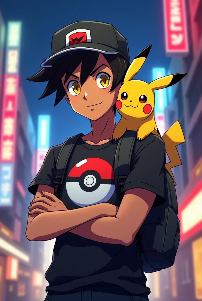 a 15 year old young man, tanned skinned brunette appears with slightly messy short wavy black hair, falling on his forehead. your eyes are bright yellow intimidating, Wearing a black t-shirt printed with an ultra ball, wears a black hat on one side and black jeans, he carries a backpack, always with crossed arms, while his focused gaze reveals the agile mind of someone always ready to learn more, and on his shoulder sits his loyal friend pikachu. (アニメ)