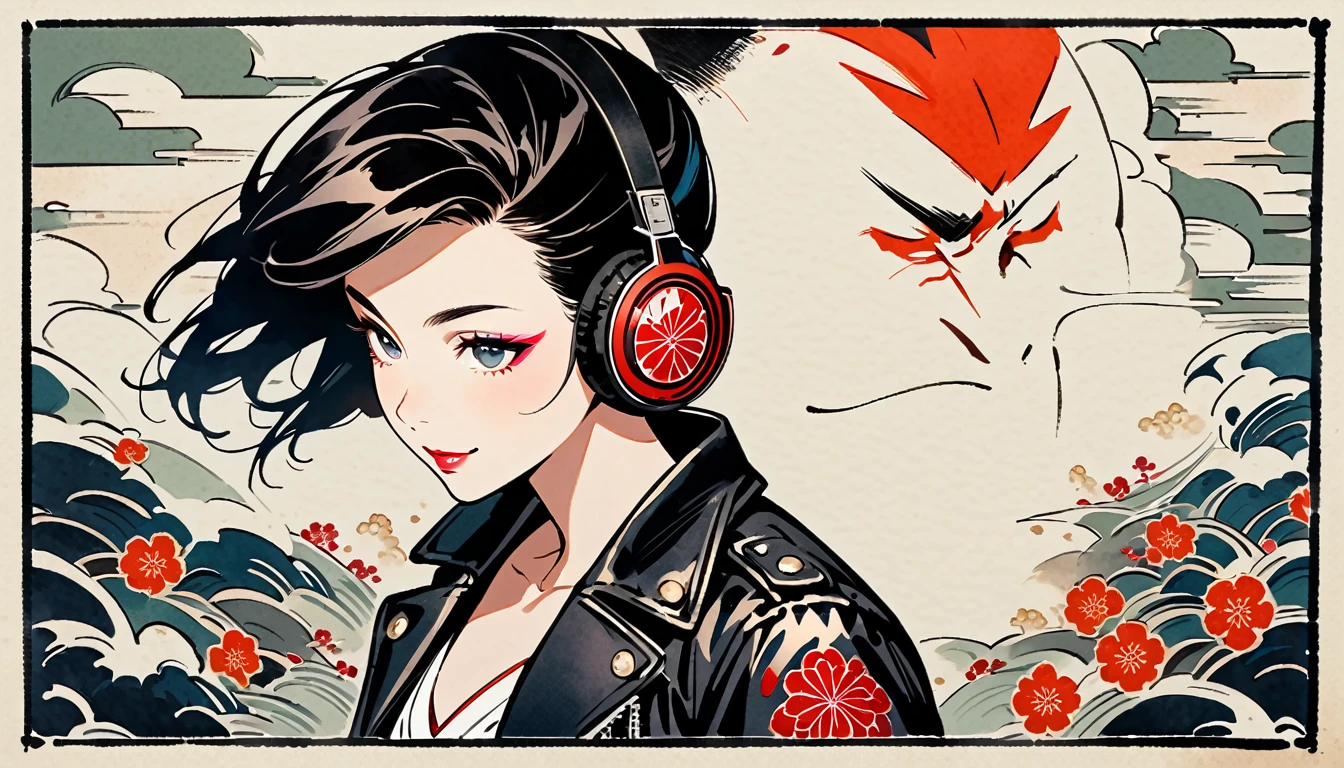 (((Ink Painting))), (((from above))), (((1 female))), (((Leather jacket with Japanese patterns))), (((Mohawk))), (((Very flashy makeup))), Japanese style headphones, devil, face close-up, front view, Japan人の美少女, Black Hair, Delicate and precise, Modern ukiyo-e style,Japan, Droopy eyes, round face, smile, Fuller lips, vivid color