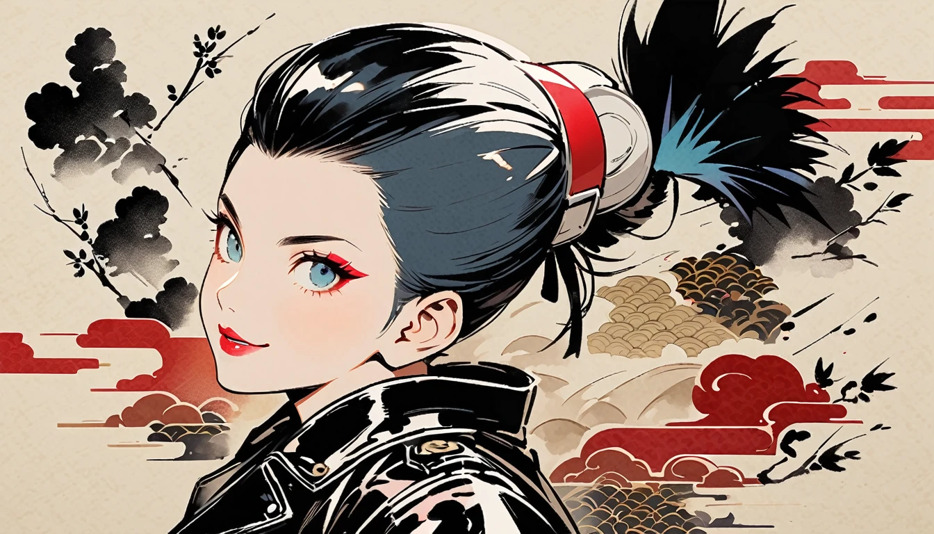 (((Ink Painting))), (((from above))), (((1 female))), (((Leather jacket with Japanese patterns))), (((Mohawk))), (((Very flashy makeup))), Japanese style headphones, devil, face close-up, front view, Japan人の美少女, Black Hair, Delicate and precise, Modern ukiyo-e style,Japan, Droopy eyes, round face, smile, Fuller lips, vivid color