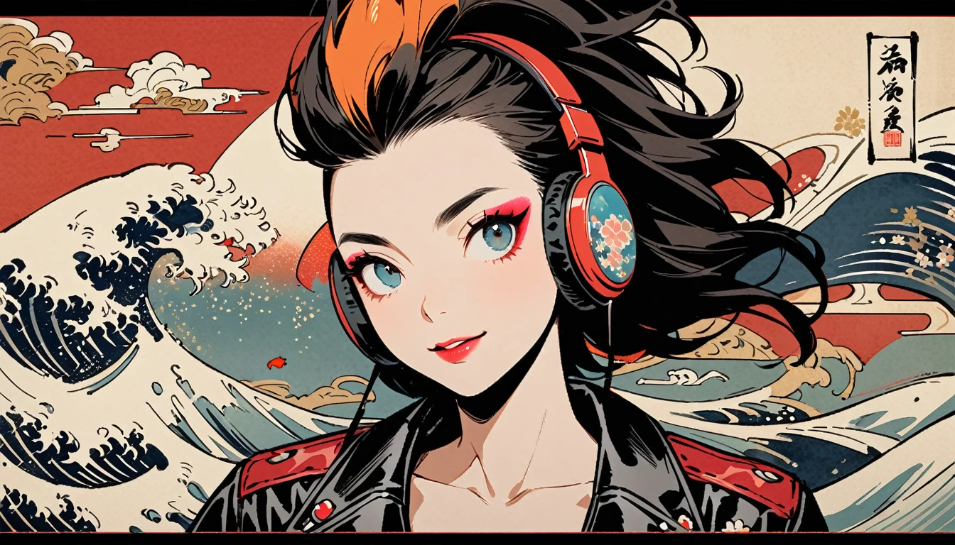 (((Ink Painting))), (((from above))), (((1 female))), (((Leather jacket with Japanese patterns))), (((Mohawk))), (((Very flashy makeup))), Japanese style headphones, devil, face close-up, front view, Japan人の美少女, Black Hair, Delicate and precise, Modern ukiyo-e style,Japan, Droopy eyes, round face, smile, Fuller lips, vivid color