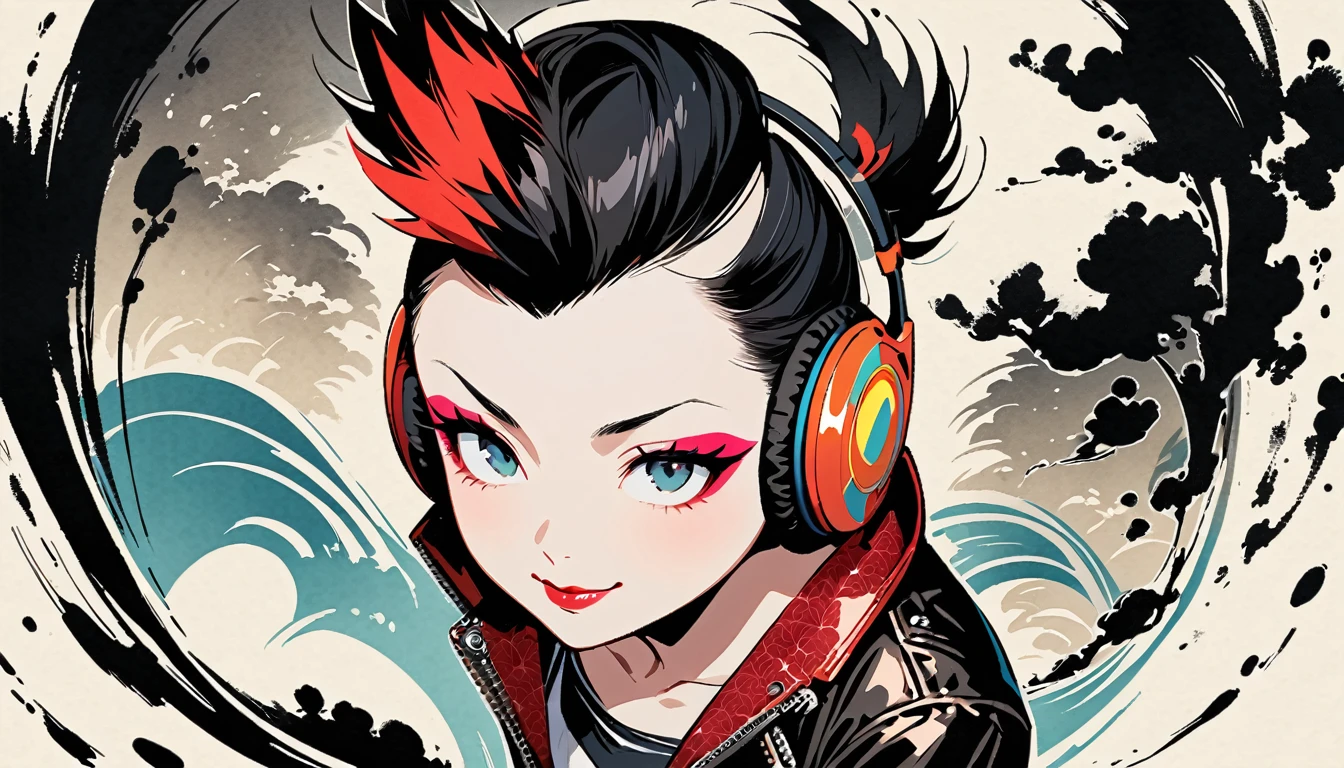 (((Ink Painting))), (((from above))), (((1 female))), (((Leather jacket with Japanese patterns))), (((Mohawk))), (((Very flashy makeup))), Japanese style headphones, devil, face close-up, front view, Japan人の美少女, Black Hair, Delicate and precise, Modern ukiyo-e style,Japan, Droopy eyes, round face, smile, Fuller lips, vivid color