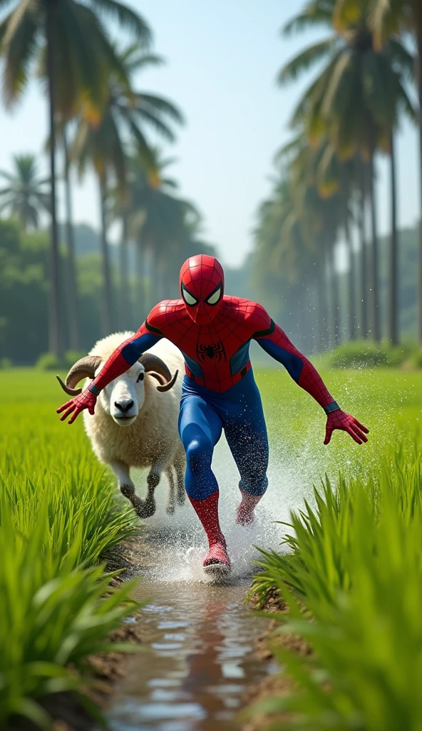 Spiderman in a vibrant rice field in Indonesia, leaping into a water-filled paddy as he’s chased from behind by a horned sheep. The background showcases lush green rice plants swaying in the breeze with palm trees in the distance. The sheep’s determined expression contrasts with Spiderman’s startled look as he frantically jumps to escape. The scene is colorful, humorous, and captures the lively rural setting of a traditional Indonesian sawah
