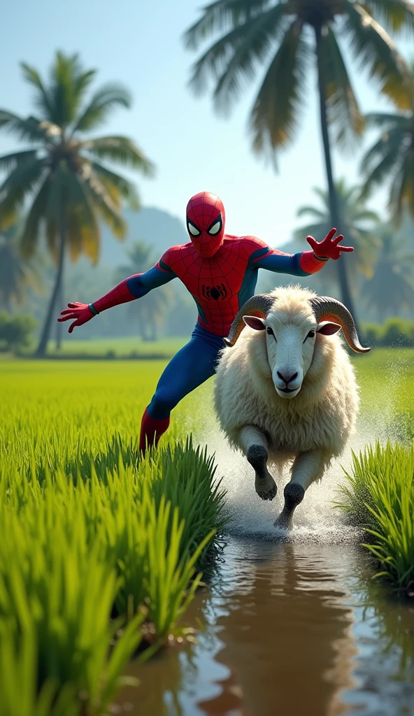 Spiderman in a vibrant rice field in Indonesia, leaping into a water-filled paddy as he’s chased from behind by a horned sheep. The background showcases lush green rice plants swaying in the breeze with palm trees in the distance. The sheep’s determined expression contrasts with Spiderman’s startled look as he frantically jumps to escape. The scene is colorful, humorous, and captures the lively rural setting of a traditional Indonesian sawah