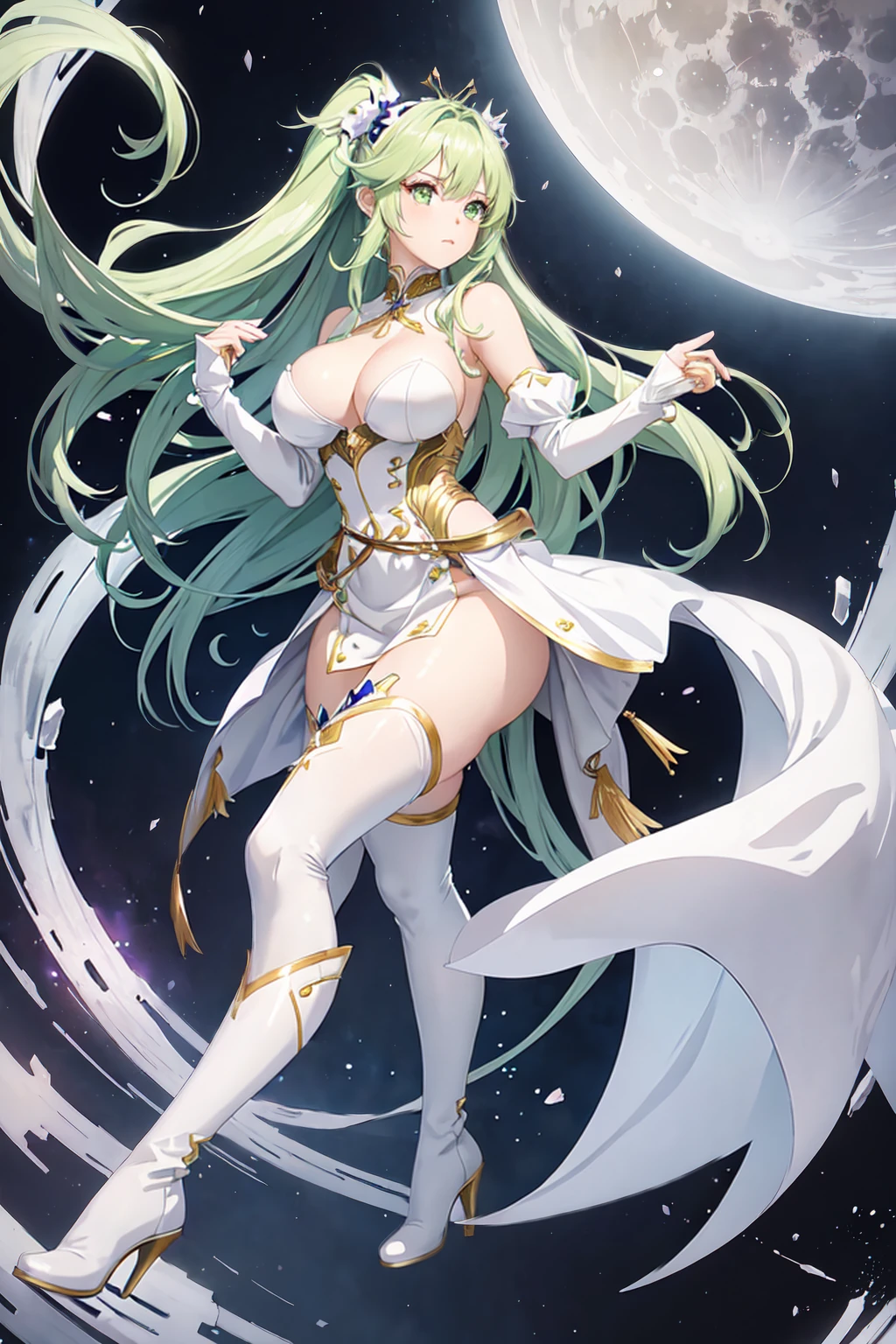(girl1), (anime), white, with long green hair, green eyes, an 18 year old woman, with white stockings and a sexy dress, dressed in a heroine costume consisting of a white sleeveless jumpsuit with purple details and a moon yellow crescent on chest. She also wears purple high boots, white spiked gloves and metal plates on her waist and feet, look at the size of her breasts, they are size AA+