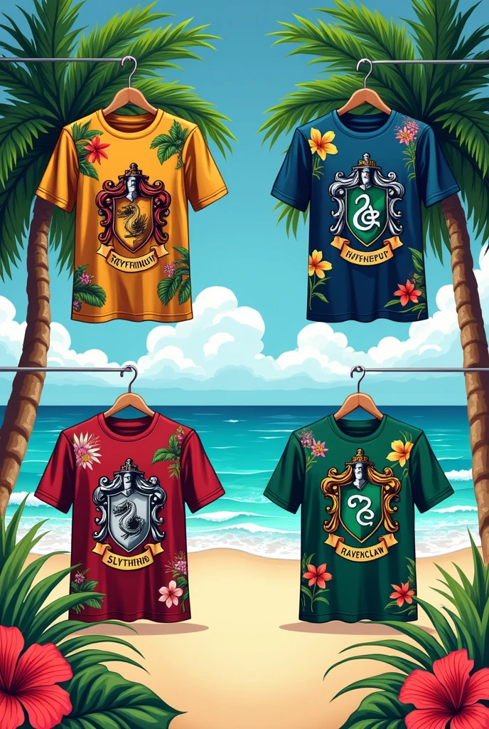 Tshirt design that cooperates harry potter "houses" and hawaiian theme for teambuilding corporate