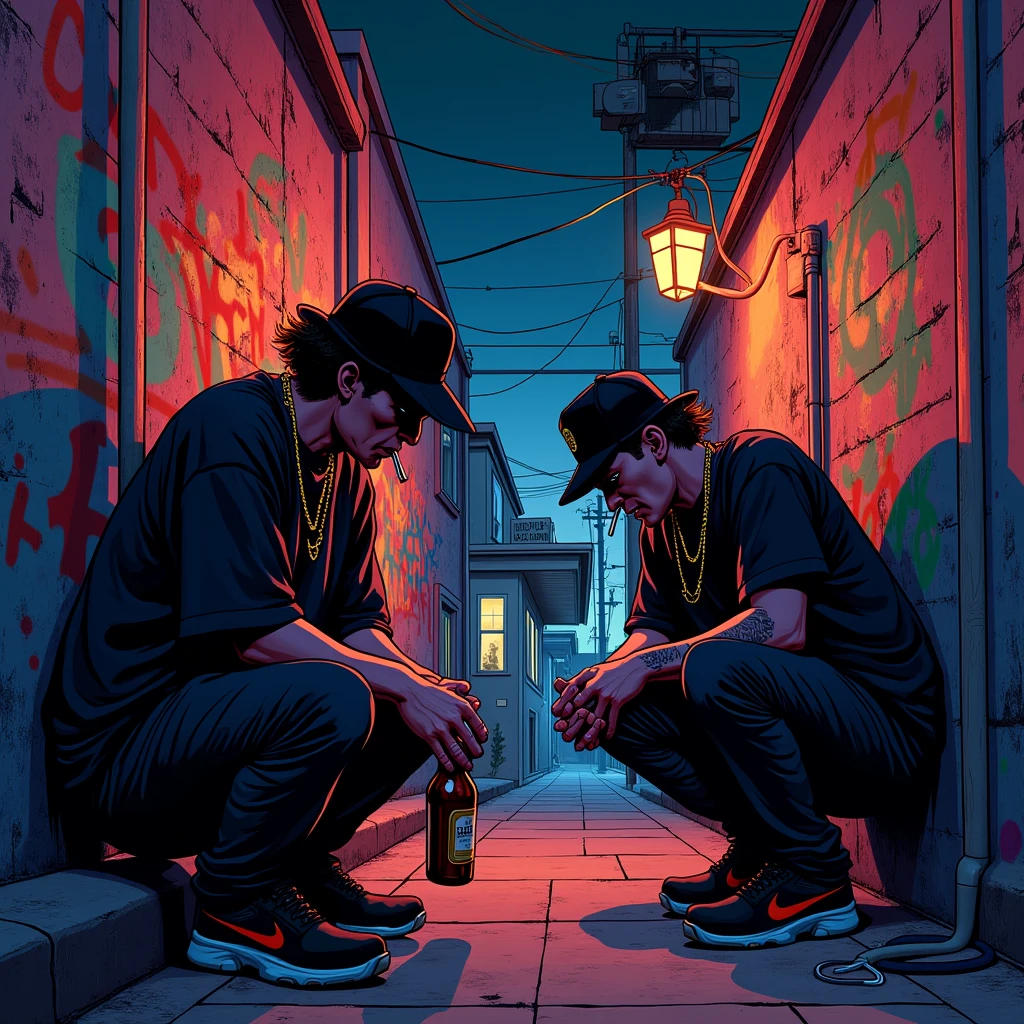 Illustration of a graffitied alley of the 90s gangster underworld in Los Angeles at night in a cartoon movie style with no faces in black caps, cigarettes and alcohol