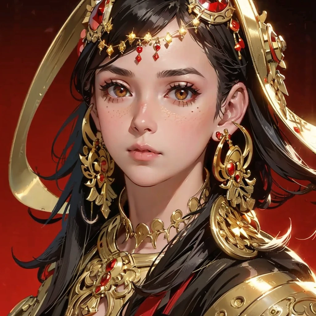 close-up shot of 1girl, wearing a mask, golden earrings, red background, bokeh, intricate details, hyper-realistic, cinematic lighting, masterpiece, award winner.
