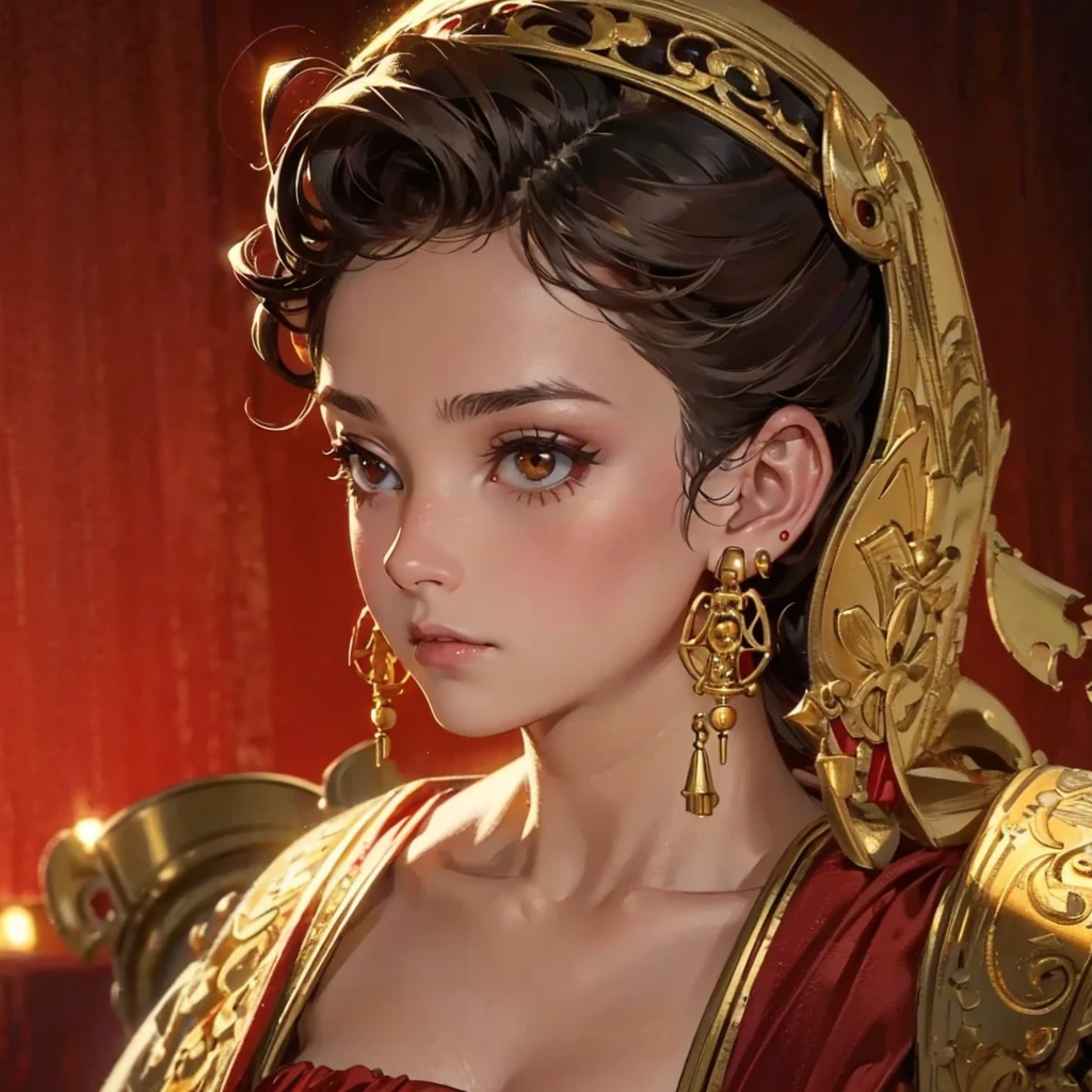 close-up shot of 1girl, wearing a mask, golden earrings, red background, bokeh, intricate details, hyper-realistic, cinematic lighting, masterpiece, award winner.
