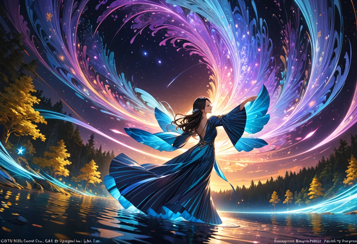 score_9, score_8_upper, score_7_upper,A woman in a beautiful feathered robe is dancing.,night,fantasy forest,night景,Firefly,lake,Crystal Sparkle,(masterpiece, Highest quality, Highest quality, Official Art, beautifull, beautiful:1.2,Ray Tracing),Very detailed,Blue tones,well-proportioned body,Long Hair,Long Shot,milky way,nebula,Starry Sky,shooting star,Very detailed, (Fractal Art:1.3), colorful, Most detailed, High resolution, Magical Patterns, Impressive visuals, (Dynamic Stripes, Light trail:1.2), Vibrant colors ,Detailed Images, Star Wizard