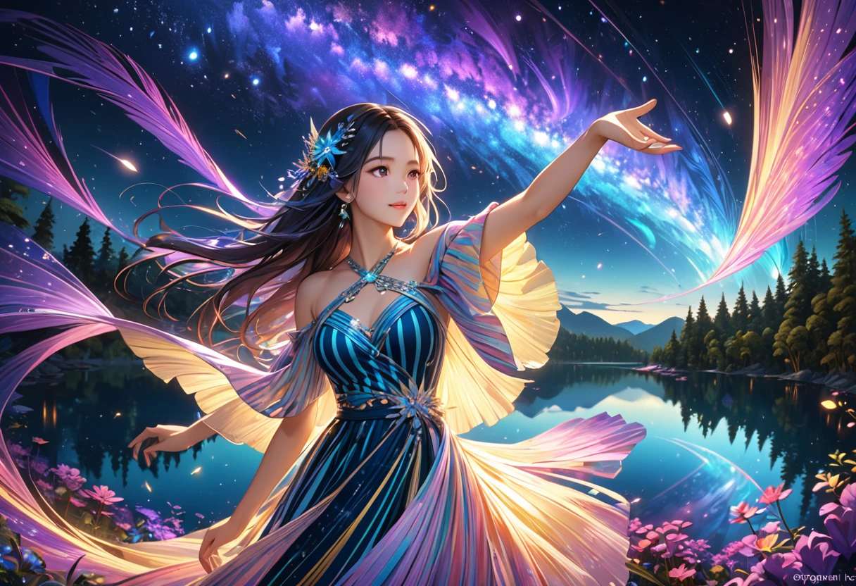 score_9, score_8_upper, score_7_upper,A woman in a beautiful feathered robe is dancing.,night,fantasy forest,night景,Firefly,lake,Crystal Sparkle,(masterpiece, Highest quality, Highest quality, Official Art, beautifull, beautiful:1.2,Ray Tracing),Very detailed,Blue tones,well-proportioned body,Long Hair,Long Shot,milky way,nebula,Starry Sky,shooting star,Very detailed, (Fractal Art:1.3), colorful, Most detailed, High resolution, Magical Patterns, Impressive visuals, (Dynamic Stripes, Light trail:1.2), Vibrant colors ,Detailed Images, Star Wizard