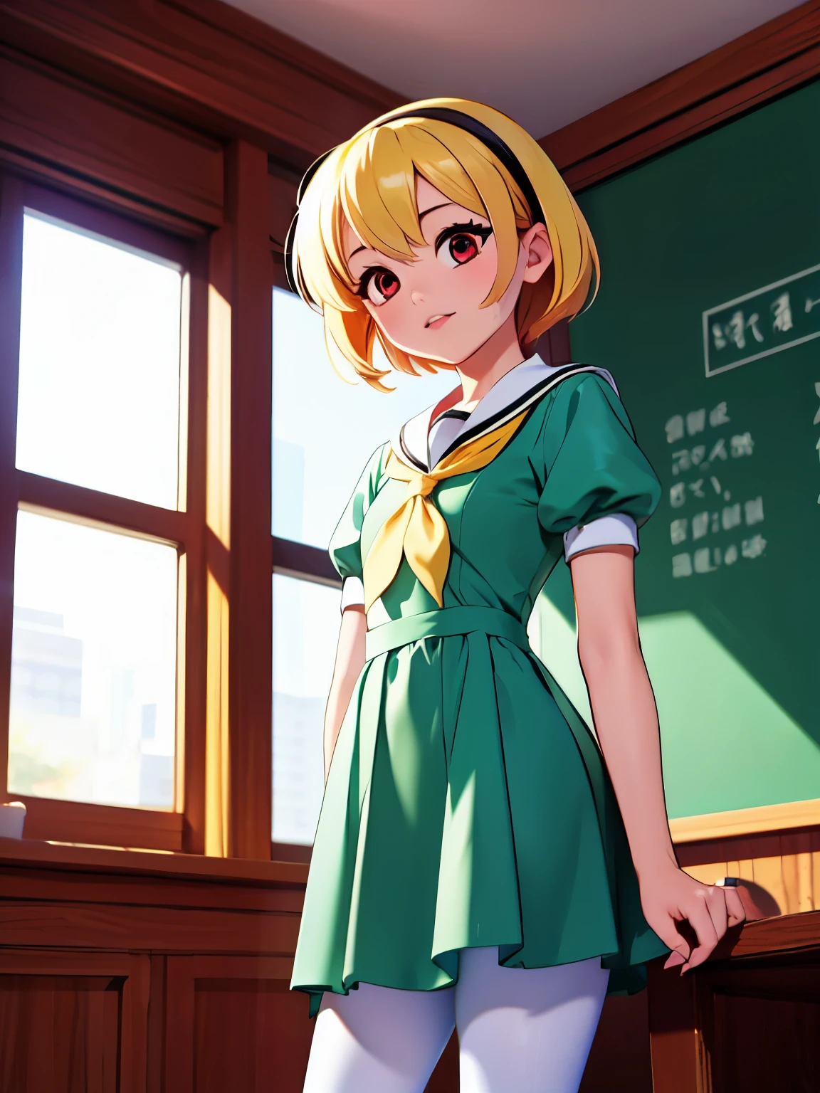 masterpiece,Highest quality,1girl,Satoko Hojo,Blonde,short hair,hair band,Red eyes,tooth,Green Dress,White sailor collar,Yellow neckerchief,Short sleeve,Puff sleeves,Black Pantyhose,Flat Chest,Are standing, School, Natural Light、machine、blackboard、window