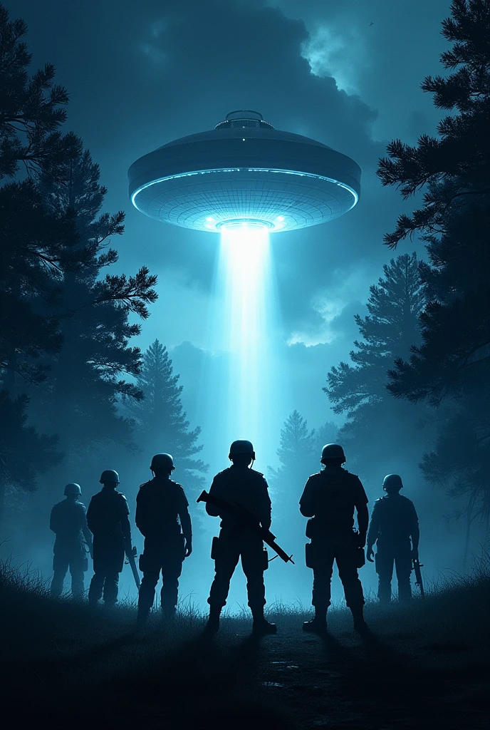 science fiction and thriller book cover, called "the operation", should portray a climactic moment between military personnel looking at the sky, and behind the trees, a very strong light as if it came from a spaceship, but without being able to see the ship. Make the image look dark