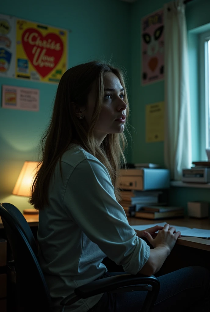 Sad girl yuryunetka with brown eyes at work, She has a name tag with the name Ksenia, there is a poster behind her that says Chris , I love you