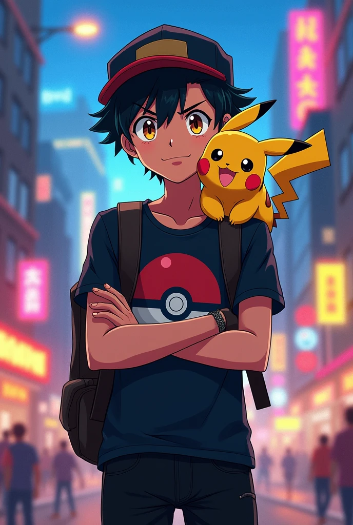 a 15 year old young man, tanned skinned brunette appears with slightly messy short wavy black hair, falling on his forehead. your eyes are bright yellow intimidating, Wearing a black t-shirt printed with an ultra ball, wears a black hat on one side and black jeans, he carries a backpack, always with crossed arms, while his focused gaze reveals the agile mind of someone always ready to learn more, and on his shoulder sits his loyal friend pikachu. (アニメ)