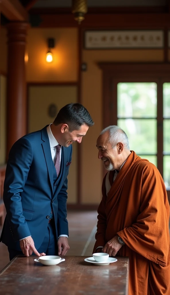 
The wealthy man, now with a softened expression, bows his head slightly in respect and humility toward the monk. The monk responds with a warm, approving smile. The scene captures the moment of transformation, with the simple surroundings of the temple reinforcing the theme of humility. The spilled tea on the table remains as a subtle reminder of the lesson learned.

The monk is bald and clean shaved and the the wealthy man has black hair and he is clean shaved and wearing blue three piece suit