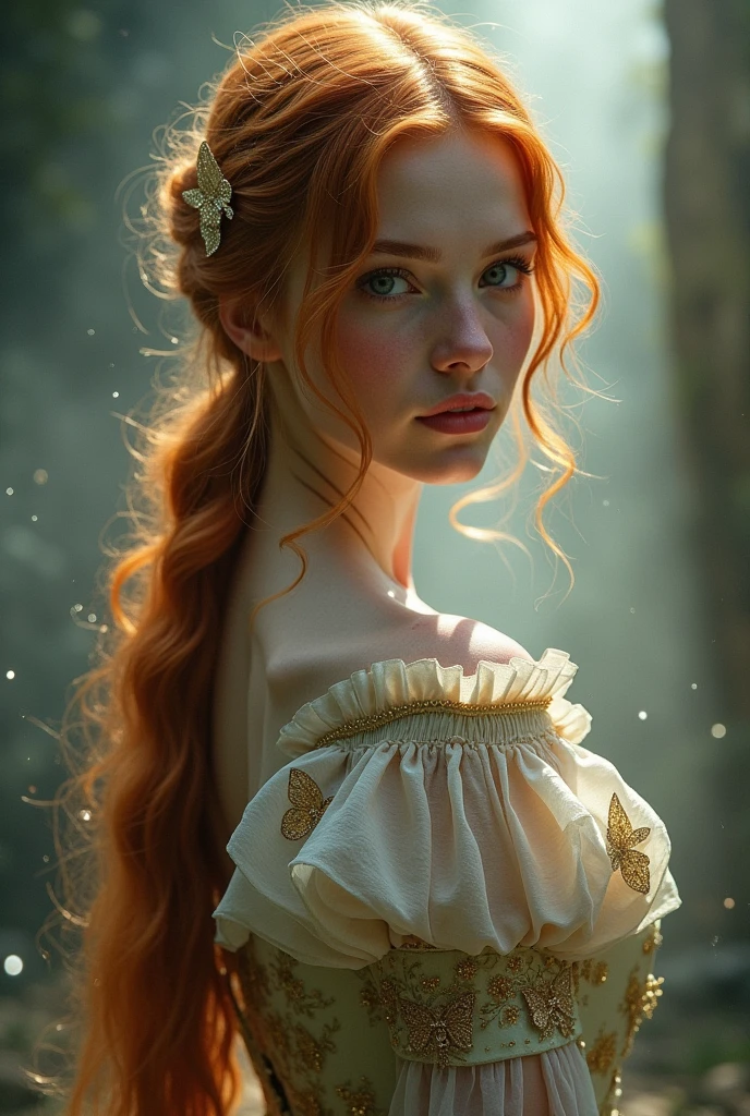 (solo, full body photo:1.3), (action packed:1.3), (haze, fog, mist:1.3), chiaroscuro, best quality, photorealistic, 1woman, (cute), (24yo:1.2), redhead, long ginger hair highly detailed, 1700'S, digital photography, art by artgerm and ruan jia and greg rutkowski surreal painting gold butterfly filigree, broken glass, (masterpiece, sidelighting, finely detailed Fashionable eyes: 1.2) (perfect oval large eyes that gazes at the viewer), beautiful detailed face, blue gorgeous perfect eyes, (blonde hair ponytail), (attractive young woman:1.3), (thick amazing hair), (seductive:1.1), (blushing:1.1)