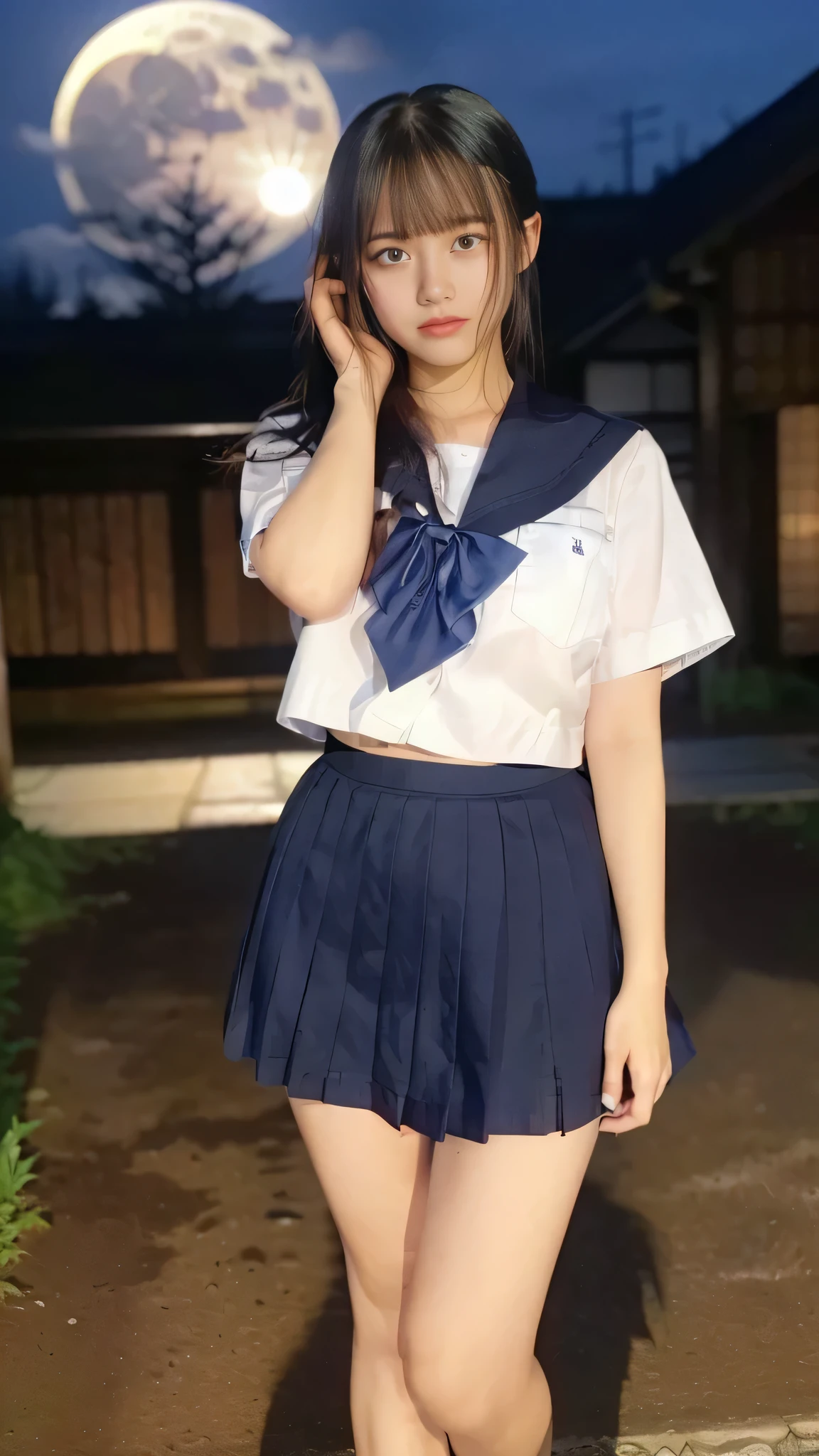 masterpiece, highest quality, realistic, RAW photo, Digital single-lens reflex camera, ((1 person)), Beautiful Japan girl at 18 years old, shiny fair skin, Realistic beautiful make-up face, realistic and beautiful eyes, double eyelid, (((anxiety, frightened eyes:1.3, fear, nervous:1, tears, cry:1.4, afraid))), (The most detailed shiny black hair and bangs), (((ponytail hair))), slim body shape, slim face, slim waist, (((H cup, large breasts))), (((Japanese student indigo sailor suit, summer clothes, pleated mini skirt:1.2, black sox:1.2, brown loafer shoes:1.2, white panty:1.2))), (((front:1.3))), Leaving school, (((quarry, moon light))), (((dark night))), ((foggy)), realistic shadow, Depth of bounds written, The best delicate and beautiful photos, ultra high resolution, 8K UHD Wallpapers, nsfw, upper half body