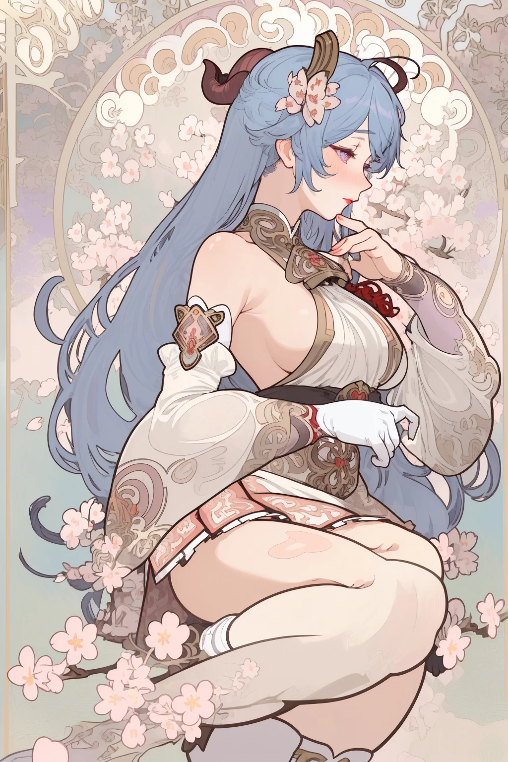 White skin, (Fox ears), Exquisite eyes,Red Eyeshadow, Red lips,Fake laugh, Ukiyo-e, masterpiece, ((high quality)), shirtlift, at the lowest limit, Tiny,White boots,Huge breasts, red nipples,,Bare shoulders,,Lace,Lace stockings,Lace skirt, Art Nouveau Style, poster in a theater, (((art by alphonse mucha))), upper body, blush, profile ,(masterpiece, finely detailed beautiful eyes: 1.2), 1girl, solo, beautiful, small details, ultra detailed, best quality, intricate, sharp, digital illustration, detailed, ((cherry blossoms)), ganyu \(genshin impact\), 1girl, ahoge, bangs, bare shoulders, bell, black gloves, ((light blue hair)), blush, breasts, chinese knot, detached sleeves, flower knot, gloves, (red ram horns), long hair, medium breasts, neck bell, night, outdoors, purple eyes, sidelocks, solo, tassel, white sleeves, ((masterpiece)), curly hair